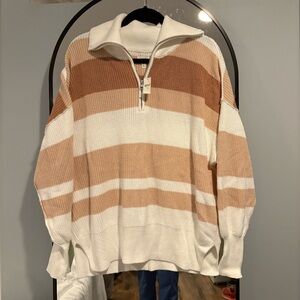NWT Women’s Aerie Striped Quarter Zip Sweater XXS fits Medium Brown and White